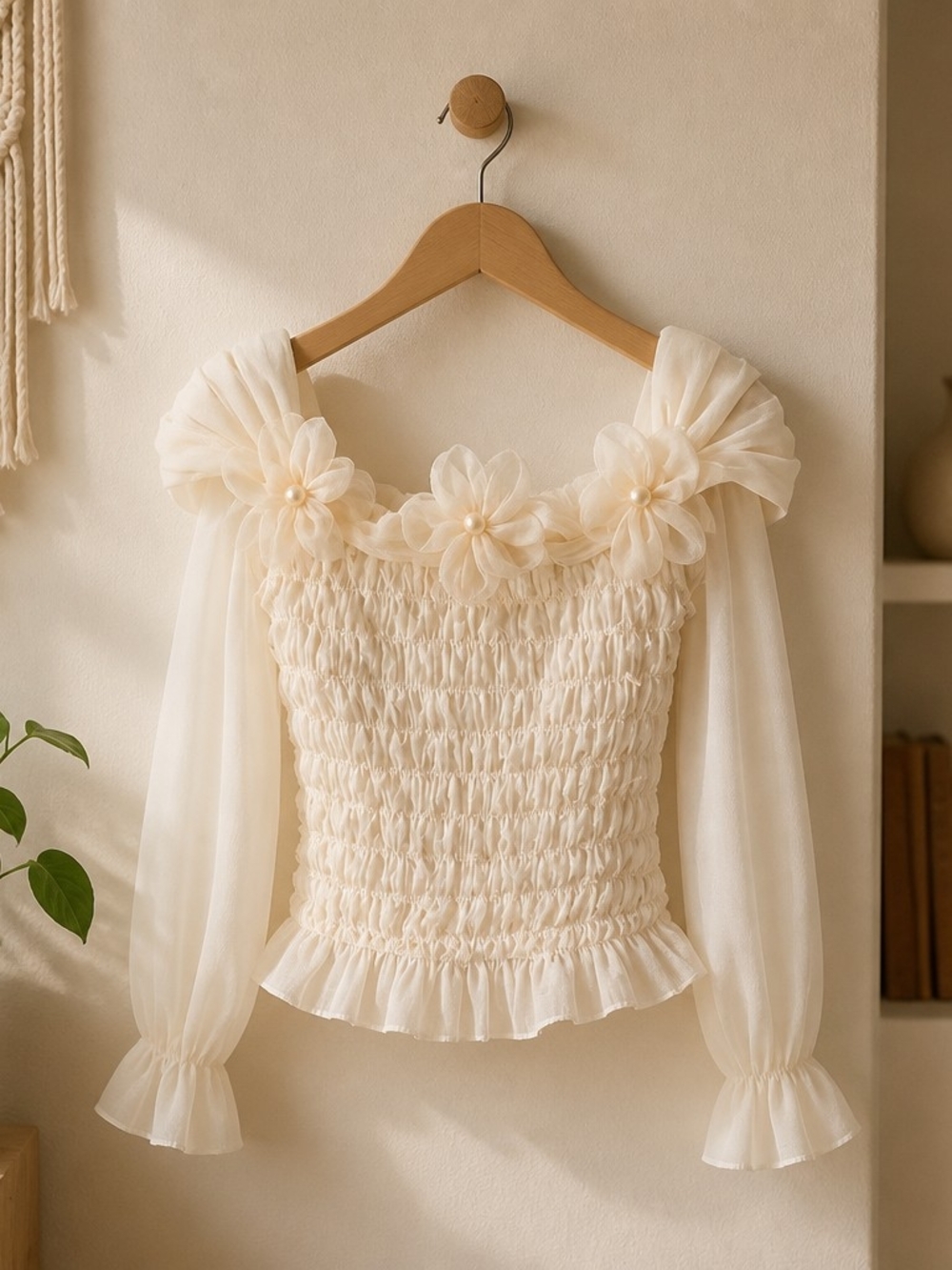 Women's Cream Smocked Floral Off-Shoulder Top